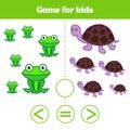 Education logic game for preschool kids. Choose the correct answer. More, less or equal Vector illustration. Animal pictures for k