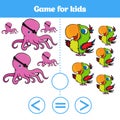 Education logic game for preschool kids Choose the correct answer. More, less or equal Vector illustration