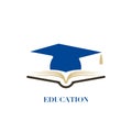 Education logo concept with graduation cap and book icon, vector Royalty Free Stock Photo