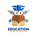 Education logo design template, pencil, book and owl icon stylized