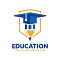 Education logo design template, pencil and graduation cap icon stylized