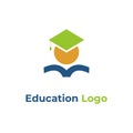 Education Logo graduation book Illustration with yellow student, green hat, and blue book.