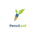 Education Logo Pencil leaf Illustration with Green Leaves and blue pencil Idea for Education Concept, Ecological Education Concept