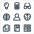 education material line icons. linear set. quality vector line set such as calculator, bookmark, file, brain, user, globe, glasses Royalty Free Stock Photo