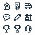 education material line icons. linear set. quality vector line set such as headphone, trophy, trophy, experiment, pencil, chat