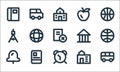 Education material line icons. linear set. quality vector line set such as school bus, alarm clock, push pin, school, book,