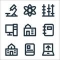 Education material line icons. linear set. quality vector line set such as upload file, book, school, notebook, school, abacus,