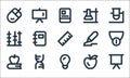 Education material line icons. linear set. quality vector line set such as whiteboard, bulb, education, apple, dna, abacus, pencil