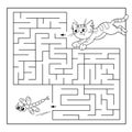 Education Maze or Labyrinth Game for Preschool Children. Puzzle. Coloring Page Outline Of cat with dragonfly