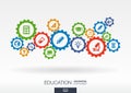 Education mechanism concept. Abstract background with connected gears and icons for elearning, knowledge concepts