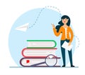 A stack of books with a character, a great illustration for school and education topics, learning. Vector illustration on white ba Royalty Free Stock Photo