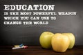 EDUCATION IS THE MOST POWERFUL WEAPON WHICH YOU CAN USE TO CHANGE THE WORLD. Text on a chalk board