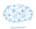 Education network. Hexagon abstract background with lines, polygons, and integrate flat icons. Connected symbols for