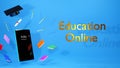 Education online concept. 3D Rendering of Mobile phone graduates hat colorful books and pencils represent online learning