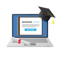 Education Online Concept. Notebook with Graduation Cap and Diploma and Education Online Text on Screen. Distant learning