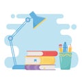 Education online stack books desk lamp and supplies Royalty Free Stock Photo