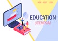 Education online vector illustration banner. Studying people, knowledges from computer. Learning with books and online.