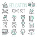 Education outline black school symbol and green icons set university knowledge thin sign graduation graduate learn