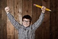 Education, pencil and excited child celebrate winning scholarship prize, learning achievement or knowledge success