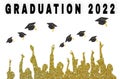 Education and people concept, students throwing graduation caps in the air, graduation 2022