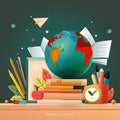 Education poster with globe, books, pencils. Online training courses. Digital Library. Globe of planet Earth for concept Royalty Free Stock Photo