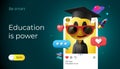 Education is power. Online school web banner and mobile application with emoji Smiling face in graduation hat and social