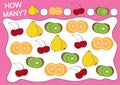 Education for preschool children. Educational game how many objects of fruits. Royalty Free Stock Photo