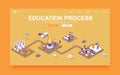 Education process concept 3d isometric landing page template. People studying, attend classes and library, discuss with students,