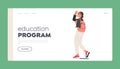 Education Program Landing Page Template. Cheerful Girl Student Character Waving Hand With Backpack On Back Royalty Free Stock Photo