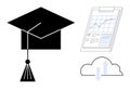 Education Progress Concept with Graduation Cap, Data Analytics, and Cloud Storage Symbols Royalty Free Stock Photo