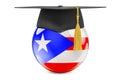 Education in Puerto Rico concept. Puerto Rican flag with graduation cap, 3D rendering