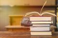 Education and reading concept - group of stack books and opened Royalty Free Stock Photo