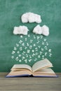 Education and reading creative concept rain of letters falls in to an open book, inspiration for a writing a fairy tale Royalty Free Stock Photo