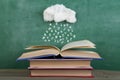 Education and reading creative concept rain of letters falls in to an open book, inspiration for a writing a fairy tale Royalty Free Stock Photo