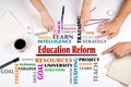 Education Reform word cloud. The meeting at the white office table Royalty Free Stock Photo