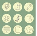 Education round retro icons, gray contours on dirty white, pastel green background