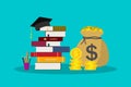 Education with scholarship. Money for tuition in school, college, university. Hat for student in graduation. knowledge of bachelor