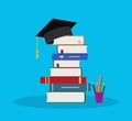 Education in school with book. Hat icon for student, university. Pile books in college for knowledge, study. Academic library for