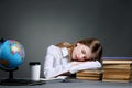 Education and school concept - little student girl studying geog Royalty Free Stock Photo