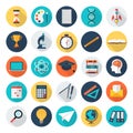 education and school flat icons in color cycle set. e-learning and science with elements sign collection. vector illustration flat Royalty Free Stock Photo