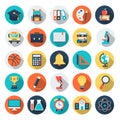 education and school flat icons set with long shadows. colorful circle study knowledge symbol. elearning concept. vector Royalty Free Stock Photo