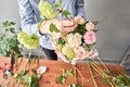 Education in the school of floristry. Master class on making bouquets. Summer bouquet. Learning flower arranging, making Royalty Free Stock Photo