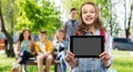 Student girl with school bag and tablet computer Royalty Free Stock Photo