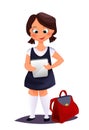 Education, school, technology and internet concept - little girl with tablet stay