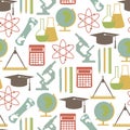 Education school university learning pattern with science elements isolated vector illustration