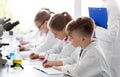 Kids studying chemistry at school laboratory