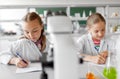 Two girls studying chemistry at school laboratory Royalty Free Stock Photo