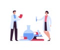 Education and science concept. Vector flat person illustration. Male and female diverse scientist team in lab coat. Book, beaker