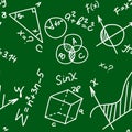 Education seamless pattern with doodle math and geometry formulas and problems on green chalkboard background