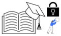 Education and Security Concept with Open Book, Graduation Cap, Lock Icon, and Character in Modern Design Royalty Free Stock Photo